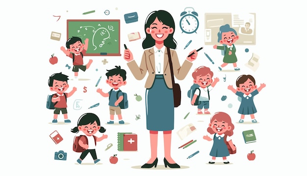 Vector a cartoon of a teacher with many children and a teacher holding a chalkboard with the teacher holdin