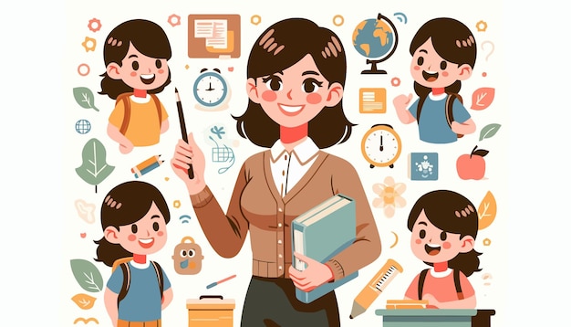 Vector a cartoon of a teacher with a picture of a teacher and a child