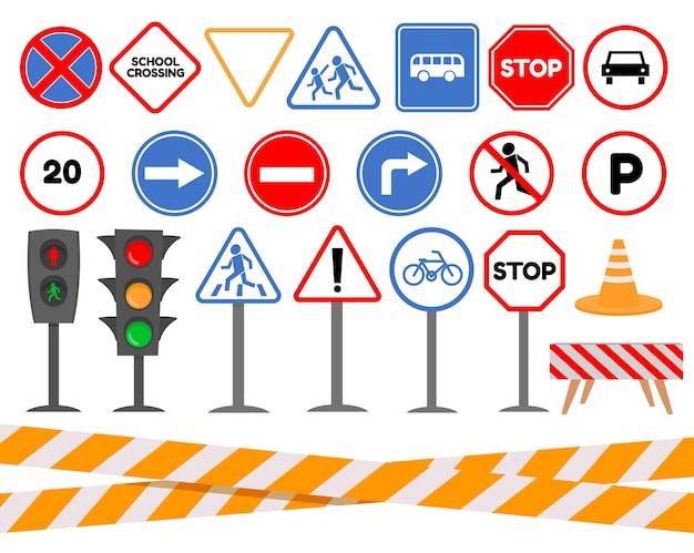 Vector cartoon traffic light and road signs for kids safety. caution and warning signals for cars and pedestrians. traffic rules element vector set