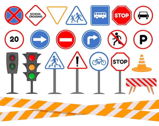 Cartoon traffic light and road signs for kids safety. Caution and warning signals for cars and pedestrians. Traffic rules element vector set