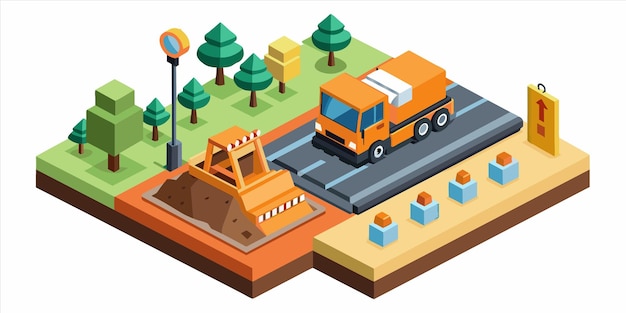 a cartoon of a truck driving down a road with a sign that says construction