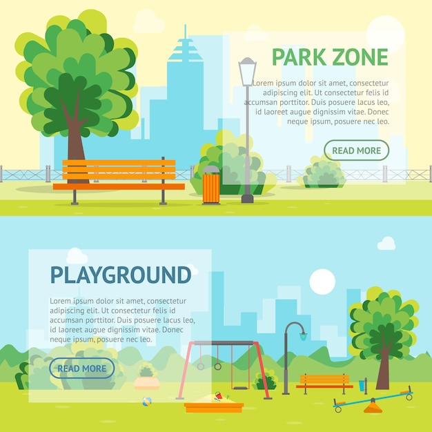Vector cartoon urban park and kids playground banner card on a landscape background flat design style vector illustration