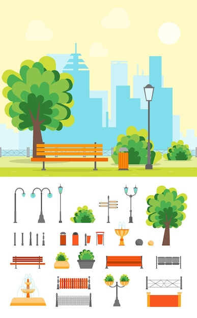 Vector cartoon urban park with bench on a landscape background and element set flat design style vector illustration