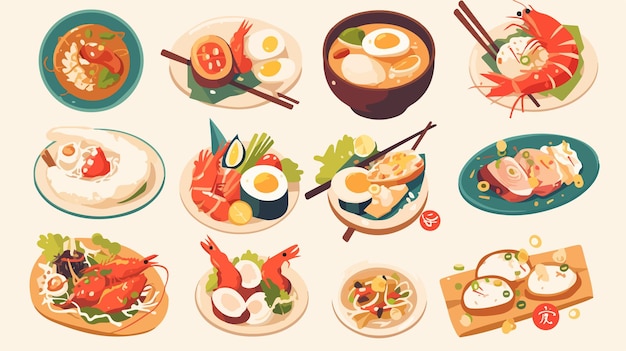 Vector a cartoon of a variety of food including sushi and sushi