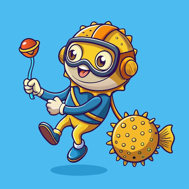 Vector cartoon vector of an adorable diver playing with a pufferfish yoyo