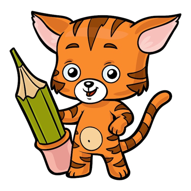 Cartoon vector illustration for children, cute cat and a pencil