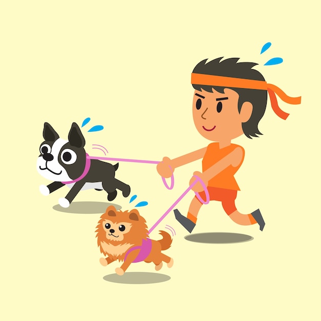 Cartoon woman running with her dogs