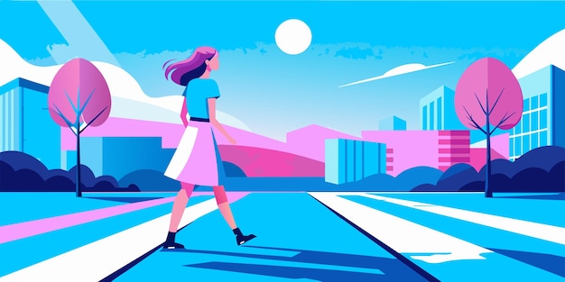 Vector a cartoon of a woman walking across a road with a city in the background