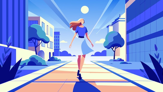 Vector a cartoon of a woman walking down a street with a blue shirt on