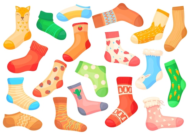 Cartoon woolen socks Pair stripe children sockes winter warm striped kid sock wool hosiery child cute wardrobe holiday clothes for foot isolated neat vector illustration