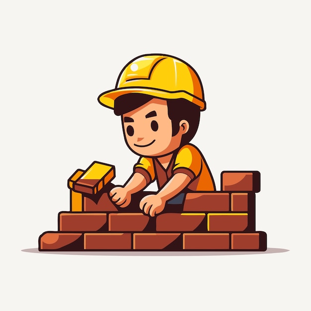 Cartoon worker building brick wall Vector illustration Cute cartoon character