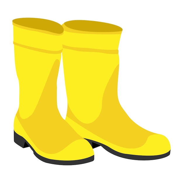 Cartoon yellow rubber rain boots clean and dirty with mud puddle Vector clip art illustration