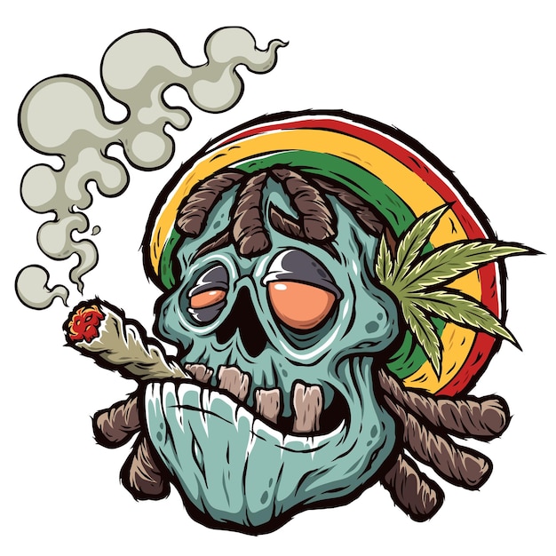 Cartoon Zombie smokes a cigarette with marijuana rastaman Cannabis leaves print for tshirts