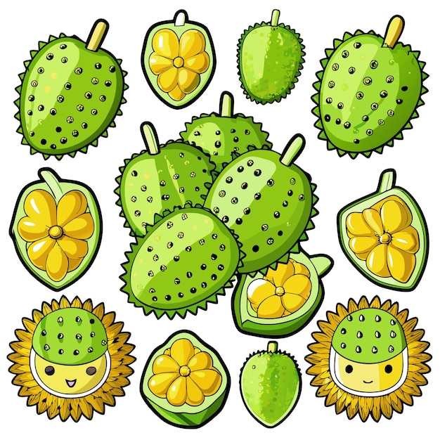 Vector cartoonish depiction of durians and flowers with smiling faces