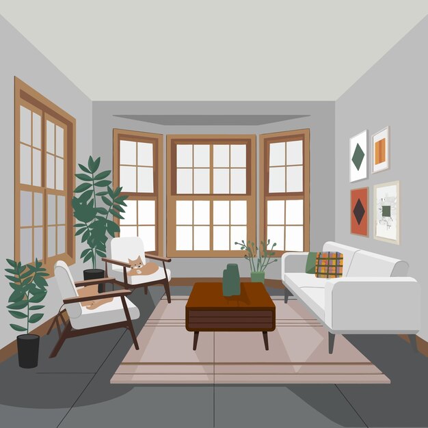 Vector a cartoonish room with a couch chair and a few potted plants the couch has a cat on it and a cloc