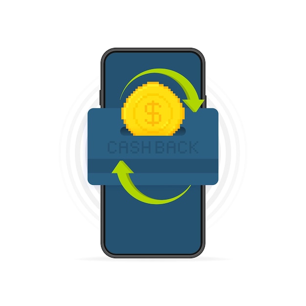 Vector cash back to a credit card pixel art coins dropping into bank card isolated on phone screen