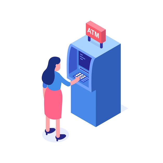 Cash withdrawal service A woman tries to use the ATM machine Vector illustrationxA