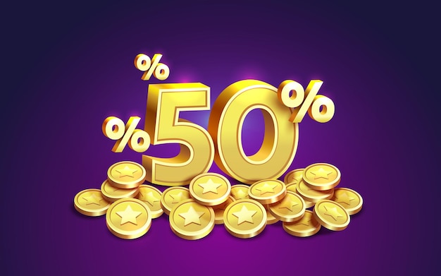 Cashback 50 Percentage golden coins financial save off Vector illustration