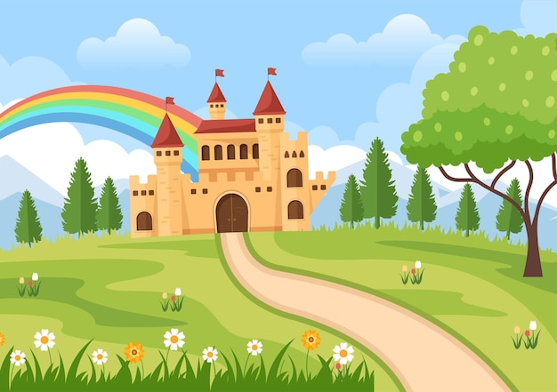 Castle with Majestic Palace Architecture and Fairytale Like Forest Scenery in Cartoon Illustration