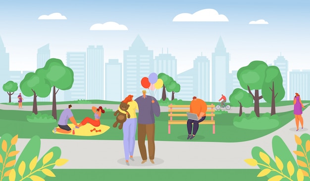 Vector casual young people in summer park, romantic couples walking, man riding bicycle, family having picnic in park weekend cartoon  illustration.