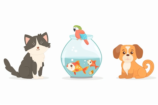 Vector cat dog parrot with fish bowl