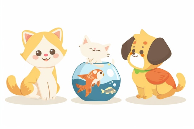 Vector cat dog parrot with fish bowl