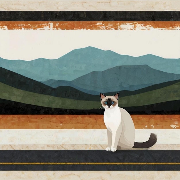 Vector a cat sits on a bench in front of a mountain