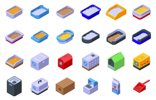 Cat tray icons set isometric vector Toilet sandbox