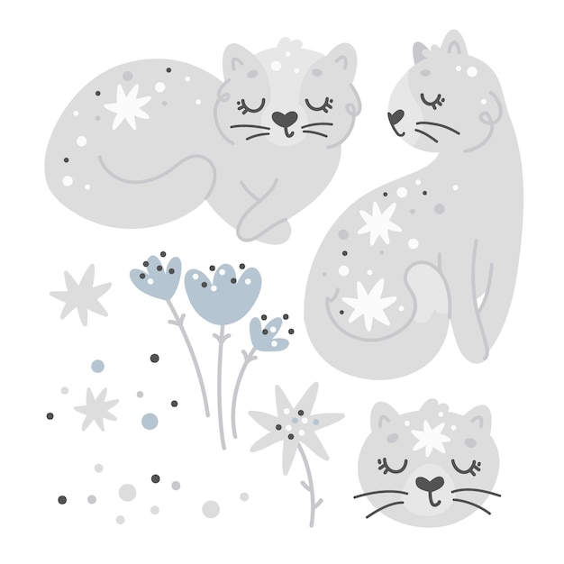 Cats and flowers set, cute nursery elements, kids print