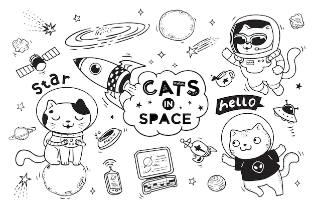 Cats in space doodle for kids