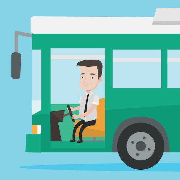 Vector caucasian bus driver sitting at steering wheel.