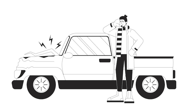 Caucasian sad man near broken vehicle black and white 2D line cartoon character