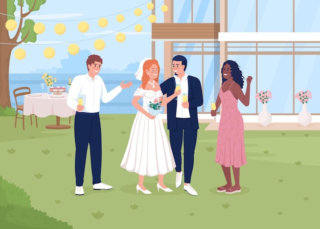 Celebrating wedding event in backyard flat color vector illustration