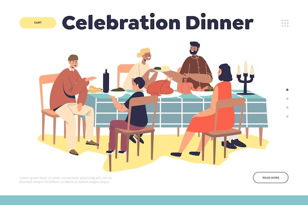 Vector celebration dinner concept of landing page with family gathering for thanksgiving day feast. parents and kids eating together at holiday table with roasted turkey. cartoon flat vector illustration