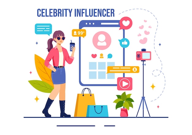 Vector celebrity influencer vector illustration with posts on internet for advertising marketing or endorse