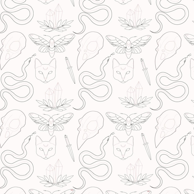 Celestial seamless pattern. Cristal, snake, moth, cat moon, bird skull