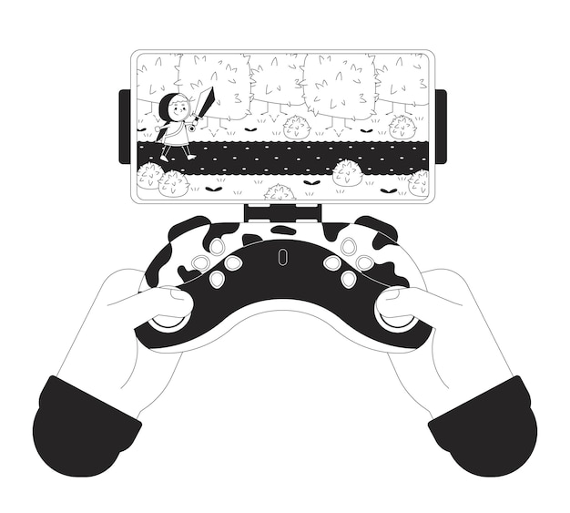 Cell phone gaming joystick black and white cartoon flat illustration