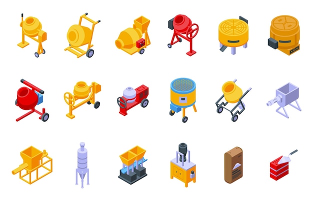 Vector cement mixer icons set isometric vector concrete material