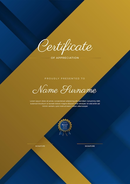 Certificate of appreciation template gold and blue color Clean modern certificate with gold badge Certificate border template with luxury and modern line pattern Diploma vector template