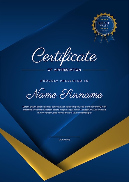 Certificate of appreciation template gold and blue color Clean modern certificate with gold badge Certificate border template with luxury and modern line pattern Diploma vector template