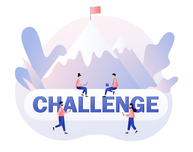 Vector challenge big text and tiny people for way to goal business challenge goal achievement success