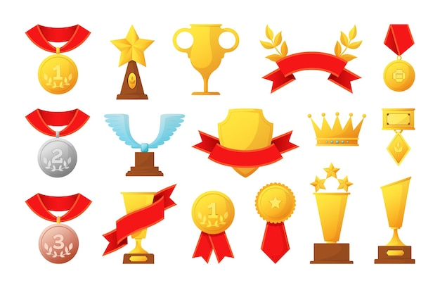 Vector champion trophy winner prizes gold silver or bronze medals competition cups and premium ribbons tournament rewards golden crown and goblet triumph shield vector sport awards set