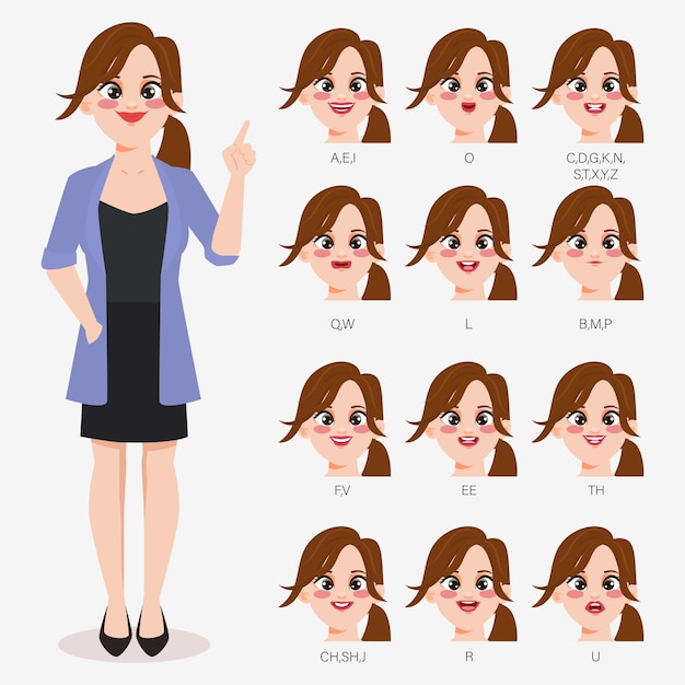 Vector character for animation mouth in businesswoman mouth pronounce letters with lips tongue and teeth