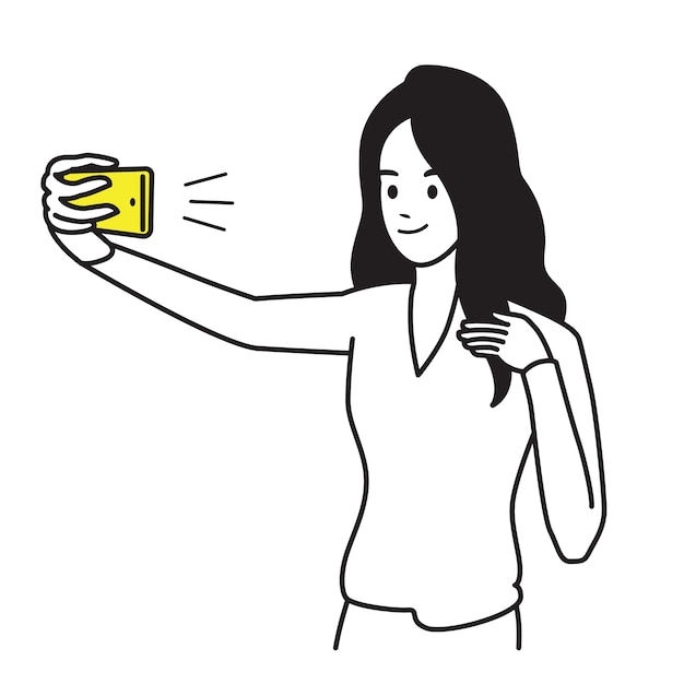 Vector character of pretty woman, happy and smiling, with hand holding smartphone, making selfie photo.