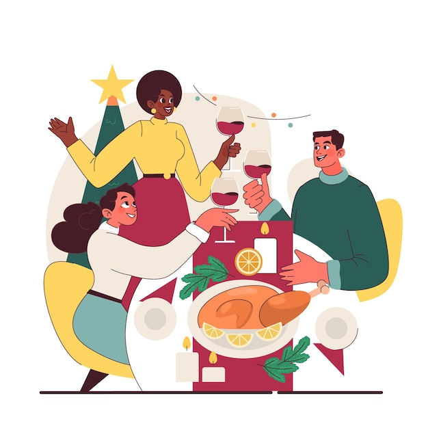 Vector characters celebrate christmas and new year family members or friends sitting at dinning table on