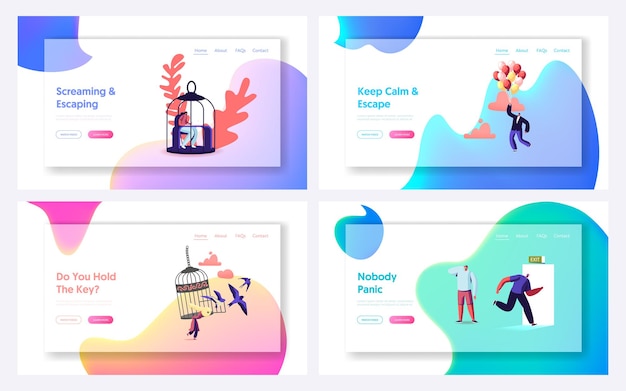 Vector characters escape home isolation, freedom landing page template set