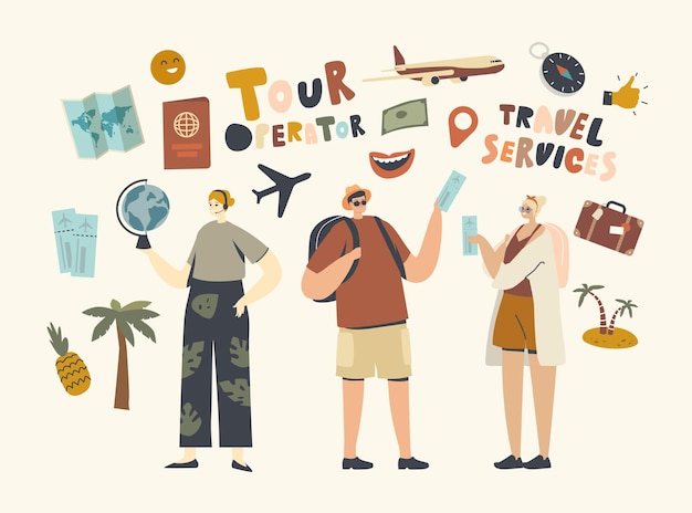 Vector characters visit travel agency buying tour for going on holiday vacation around world journey or inside country traveling, local tourism. tour operator offer trip. linear people vector illustration