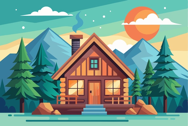 Vector a charming cabin nestled among towering mountains and pine trees surrounded by large rocks as a warm sunset paints the sky in vibrant colors