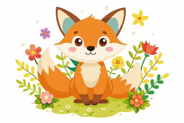 Vector charming fox cartoon with flowers on a white background