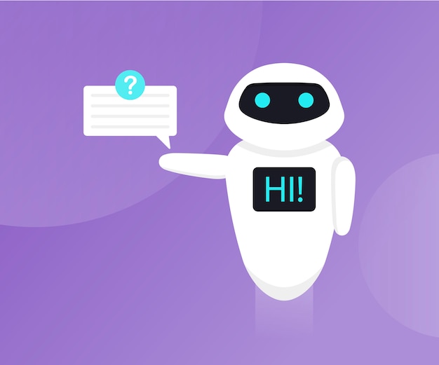 Chat bot isolated on the ultraviolet . Bot holds speech bubbles. Robot say hi on screen. Customer support service chat bot. Flat  illustration